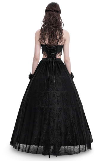 Black Lace Corset Dress with Rose Detail and Flowing Skirt